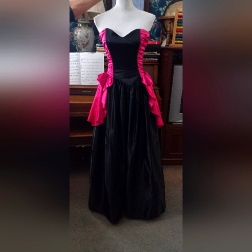 Vintage 80s Black & Pink Gunne Sax Jessica McClintock Strapless Formal Dress XS